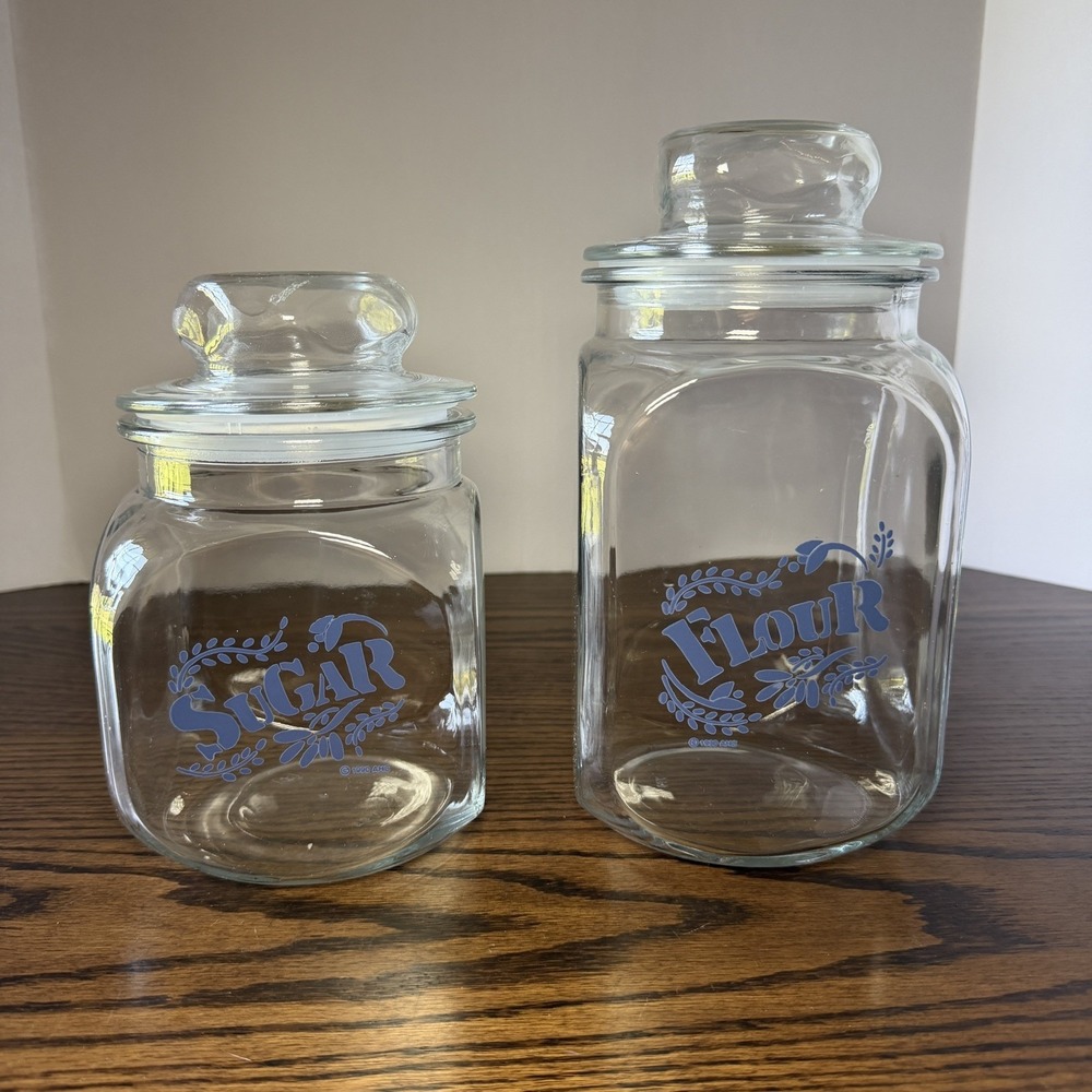Vintage Anchor Hocking Glass Canister Flour and Sugar Jar w/Lids Cottagecore (2)